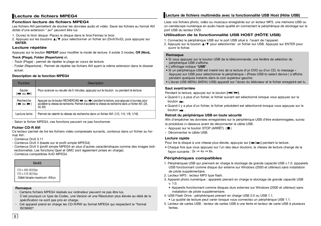 Samsung DVD-D360/ZF Description de la fonction MPEG4, Fichier CD-R AVI, Utilisation de la fonctionnalité USB Host Hôte USB 