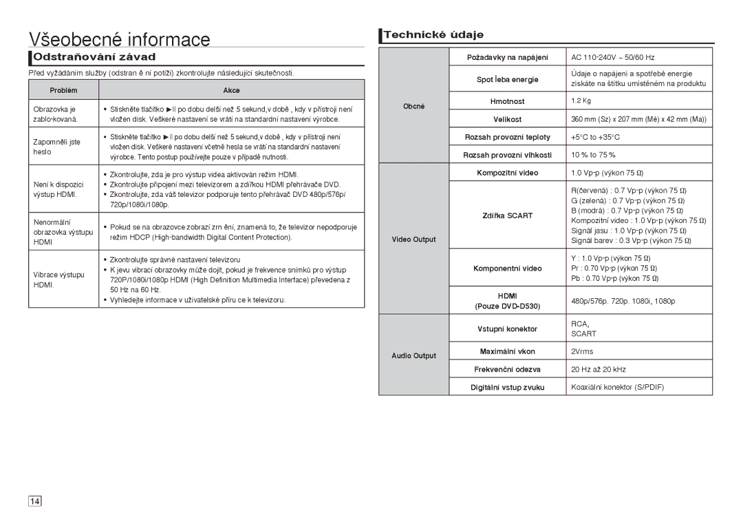 Samsung DVD-D530/ZF, DVD-D530/EN, DVD-D360/XN, DVD-D530/XN manual ‰eobecné informace, OdstraÀování závad, Technické údaje 