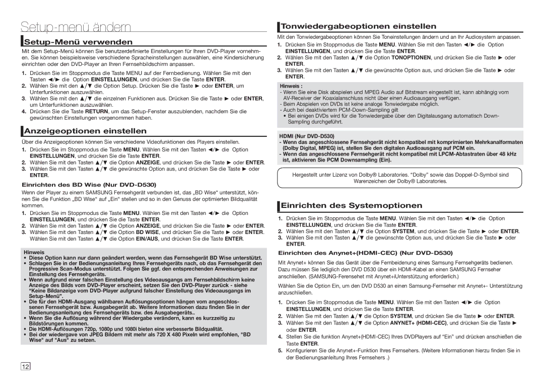 Samsung DVD-D530/ZV Setup-menü ändern, Setup-Menü verwenden, Anzeigeoptionen einstellen, Tonwiedergabeoptionen einstellen 