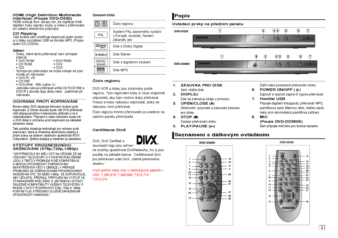 Samsung DVD-D360/EN, DVD-D530/EN, DVD-D360/XN, DVD-D530/XN, DVD-D530/ZV, DVD-D360/ZF Popis, Seznámení s dálkov˘m ovládáním 