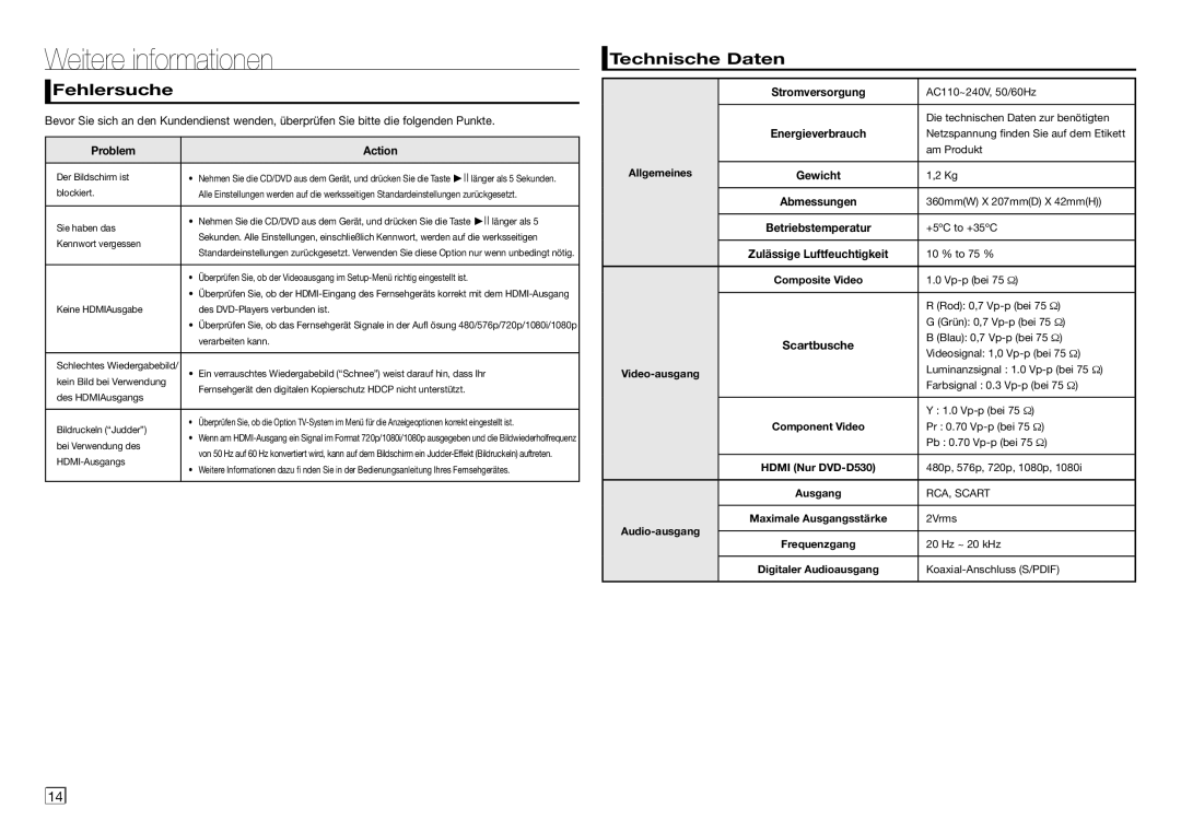 Samsung DVD-D530/ZF, DVD-D530/EN, DVD-D360/XN, DVD-D530/XN, DVD-D360/EN Weitere informationen, Fehlersuche, Technische Daten 