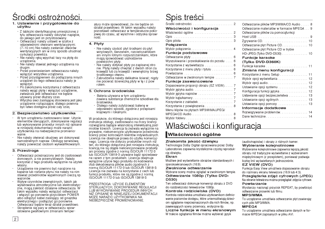 Samsung DVD-D530/XN, DVD-D530/EN, DVD-D360/XN Ârodki ostroʺnoÊci, Spis treÊci, ∏aÊciwoÊci i konfiguracja, ∏aÊciwoÊci ogólne 