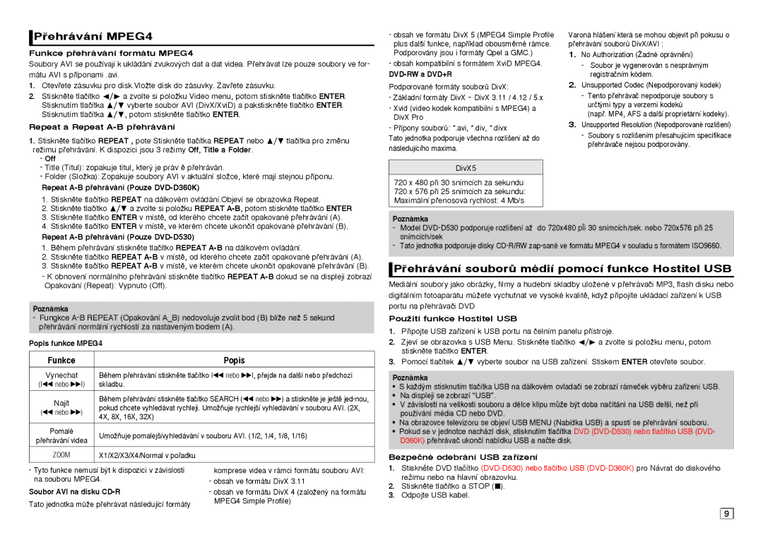 Samsung DVD-D360/XN, DVD-D530/EN ehrávání MPEG4, ehrávání souborÛ médií pomocí funkce Hostitel USB, Popis funkce MPEG4 
