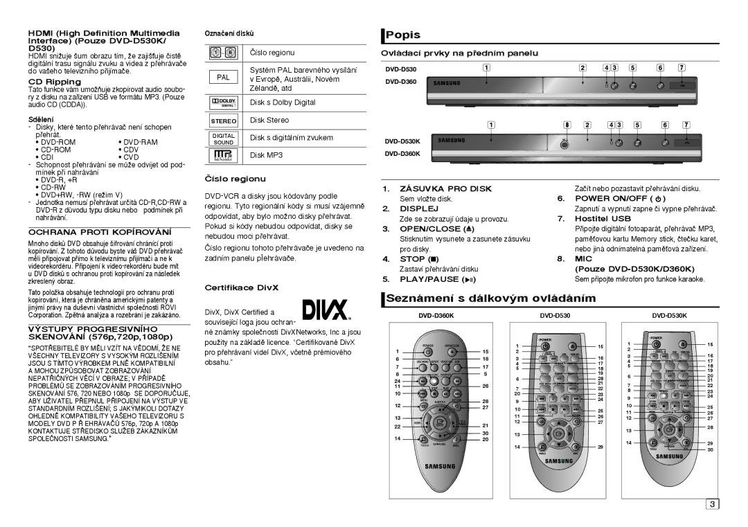 Samsung DVD-D530/EN, DVD-D530/XN, DVD-D530/ZV manual Popis, Seznámení s dálkov˘m ovládáním 