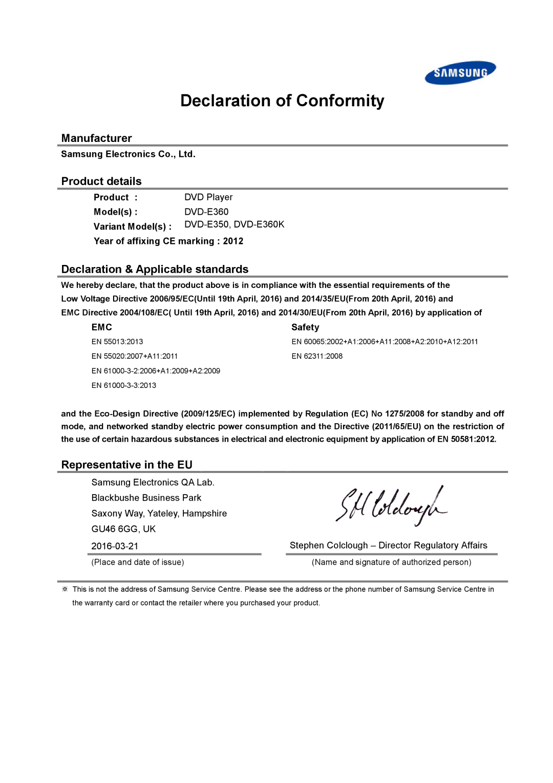 Samsung DVD-D530/XN manual Declaration of Conformity, Manufacturer Product details, Declaration & Applicable standards 