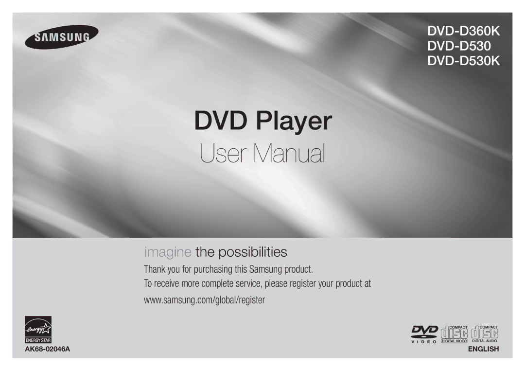 Samsung DVD-D530/ZN, DVD-D530/EN, DVD-E350/SJ, DVD-E360/ZN, DVD-E350/KE, DVD-E360/UM manual DVD Player, AK68-02046A 