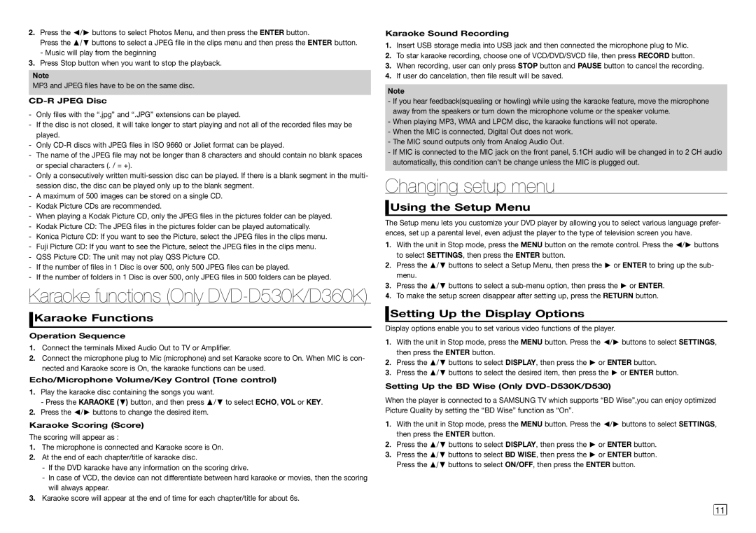 Samsung DVD-E360/SJ manual Changing setup menu, Karaoke Functions, Using the Setup Menu, Setting Up the Display Options 