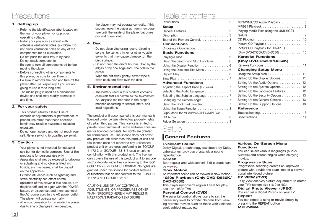 Samsung DVD-E350/SJ, DVD-D530/EN, DVD-D530/ZN Precautions Table of contens, Setup, General Features, EZ View DVD, MP3/WMA 