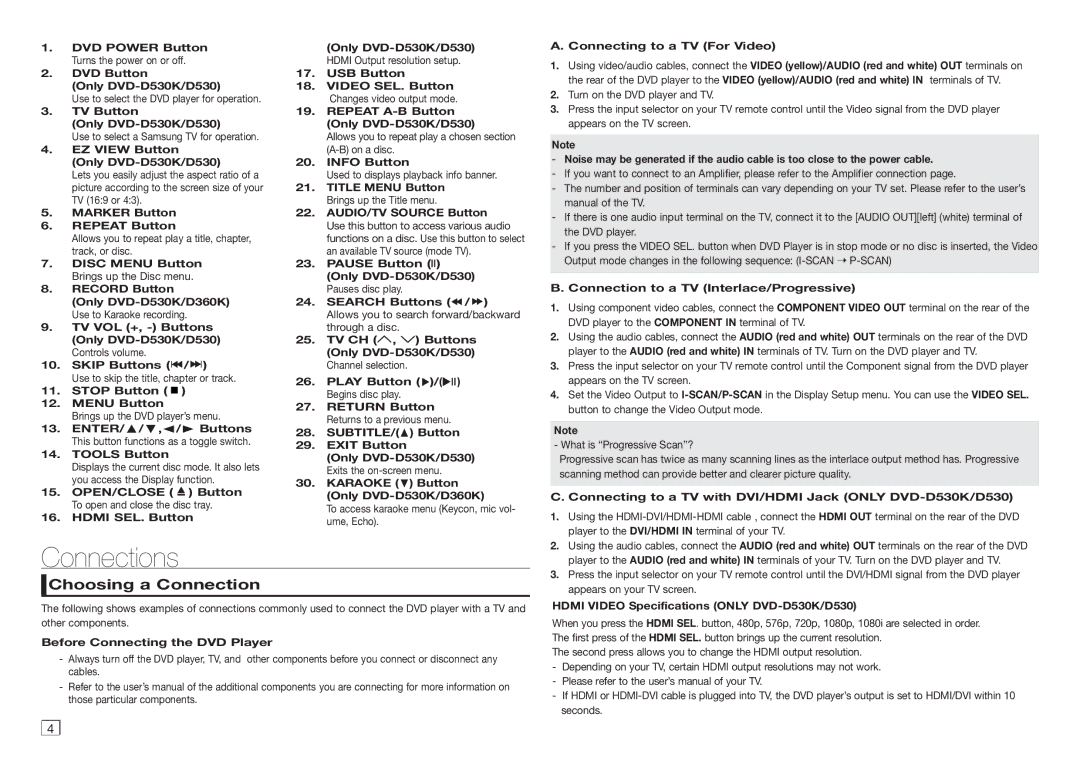 Samsung DVD-E350/KE, DVD-D530/EN, DVD-D530/ZN, DVD-E350/SJ, DVD-E360/ZN, DVD-E360/UM manual Connections, Choosing a Connection 