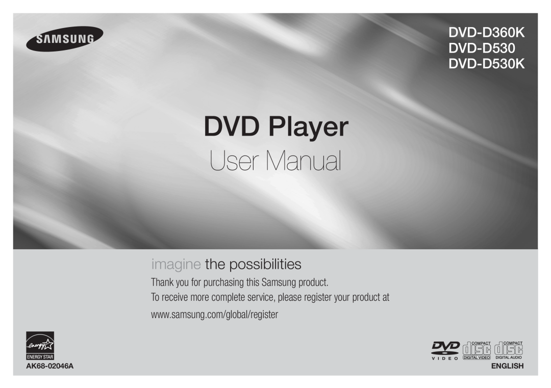 Samsung DVD-D530/ZN, DVD-D530/EN manual imagine the possibilities, DVD-D360K DVD-D530 DVD-D530K, AK68-02046A, English 