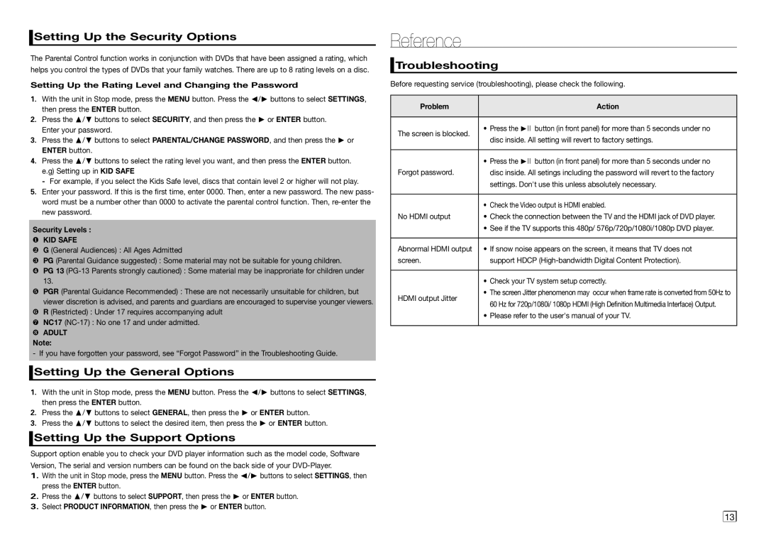Samsung DVD-D530K/KE manual Reference, Setting Up the Security Options, Setting Up the General Options, Troubleshooting 