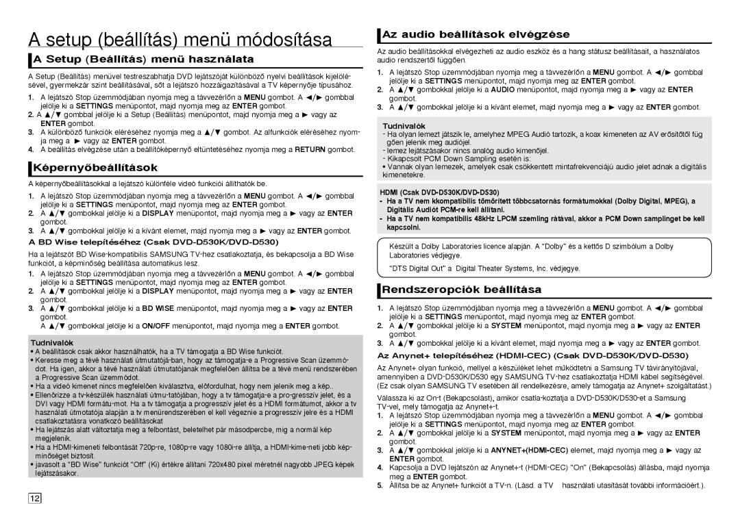 Samsung DVD-D530/EN manual Setup beállítás menü módosítása, Setup Beállítás menü használata, KépernyŒbeállítások 