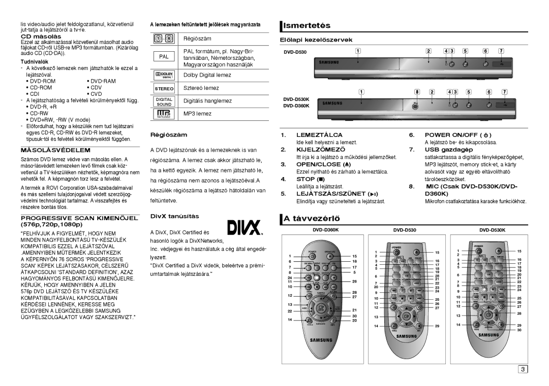 Samsung DVD-D530/EN manual Ismertetés, TávvezérlŒ 