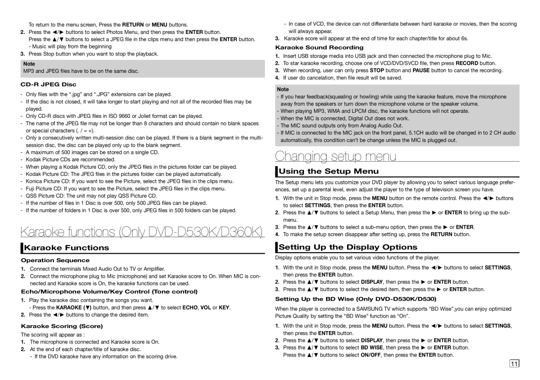 Samsung DVD-D530K/XP manual Changing setup menu, Karaoke Functions, Using the Setup Menu, Setting Up the Display Options 