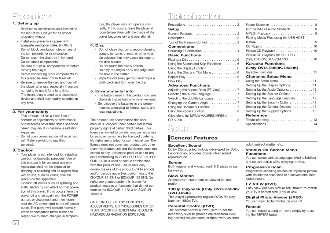 Samsung DVD-D530K/XP manual Precautions Table of contens, Setup, General Features, EZ View DVD 