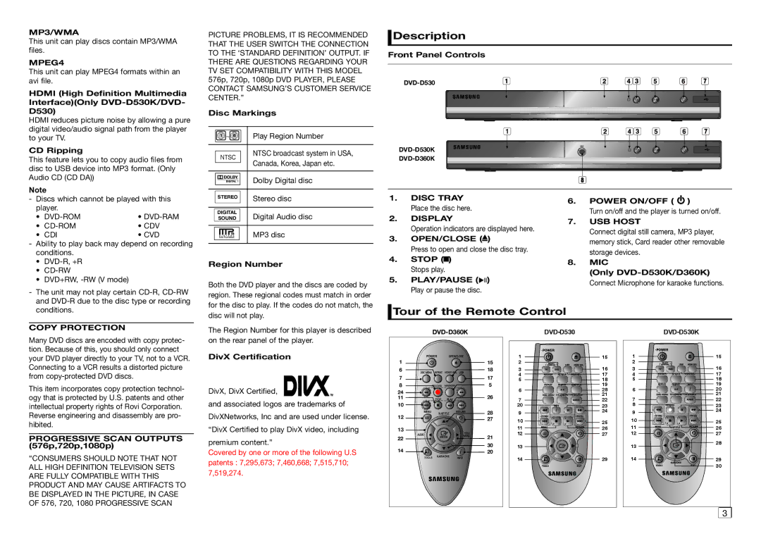 Samsung DVD-D530K/XP manual Description, Tour of the Remote Control 