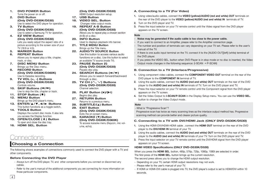 Samsung DVD-D530K/XP manual Connections, Choosing a Connection 