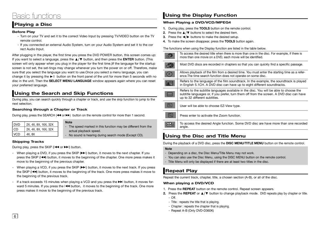 Samsung DVD-D530K/XP manual Basic functions 