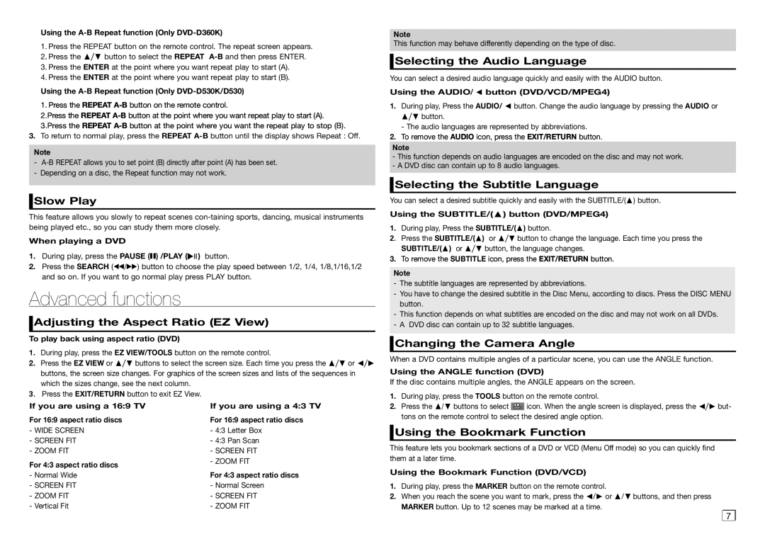 Samsung DVD-D530K/XP manual Advanced functions 