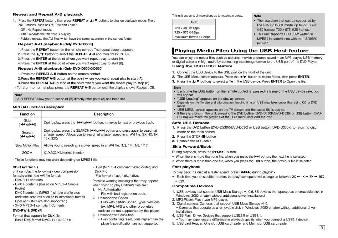 Samsung DVD-D530K/XP manual Playing Media Files Using the USB Host feature, Dvd-Rw & Dvd+R 