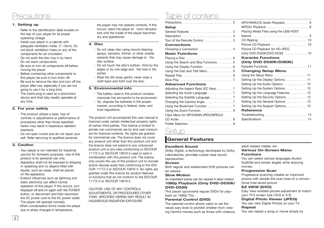 Samsung DVD-D530/SQ manual Precautions Table of contens, Setup, General Features, EZ View DVD 