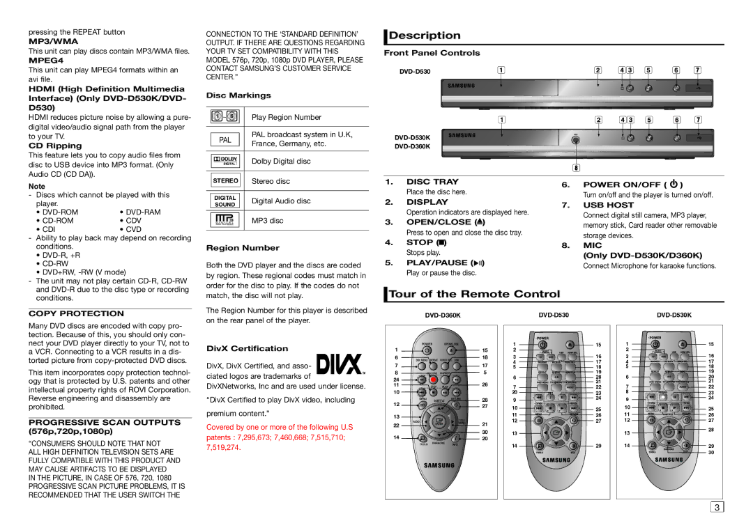 Samsung DVD-D530/SQ manual Description, Tour of the Remote Control 