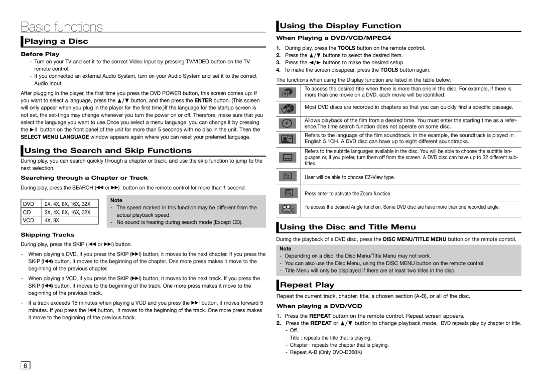 Samsung DVD-D530/SQ manual Basic functions 