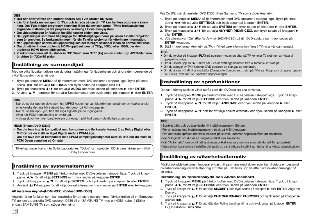 Samsung DVD-D530/XE manual Inställning av surroundijud, Inställning av systemalternativ, Instaällning av språfunktioner 