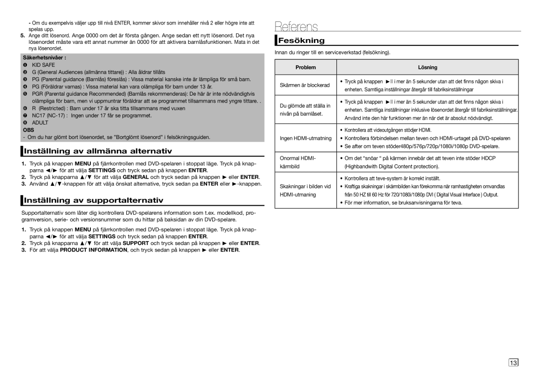 Samsung DVD-D530/XE manual Referens, Inställning av allmänna alternativ, Inställning av supportalternativ, Fesökning 