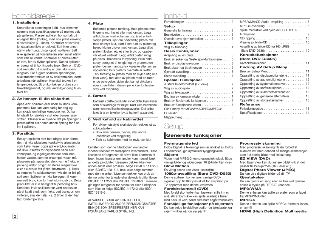 Samsung DVD-D530/XE manual Forholdsregler Innhold, Setup, Generelle funksjoner, EZ View DVD 