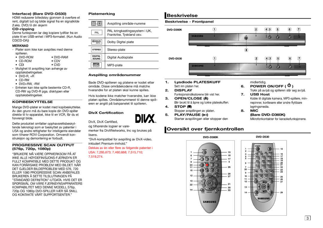 Samsung DVD-D530/XE manual Beskrivelse, Oversikt over fjernkontrollen, Merknad, Kopibeskyttelse 