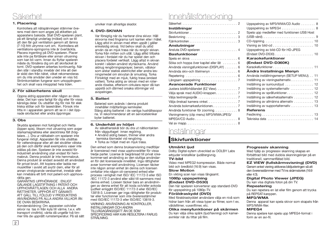 Samsung DVD-D530/XE manual Säkerhet Innehållsförteckning, Inställningar, Skivfunktioner 