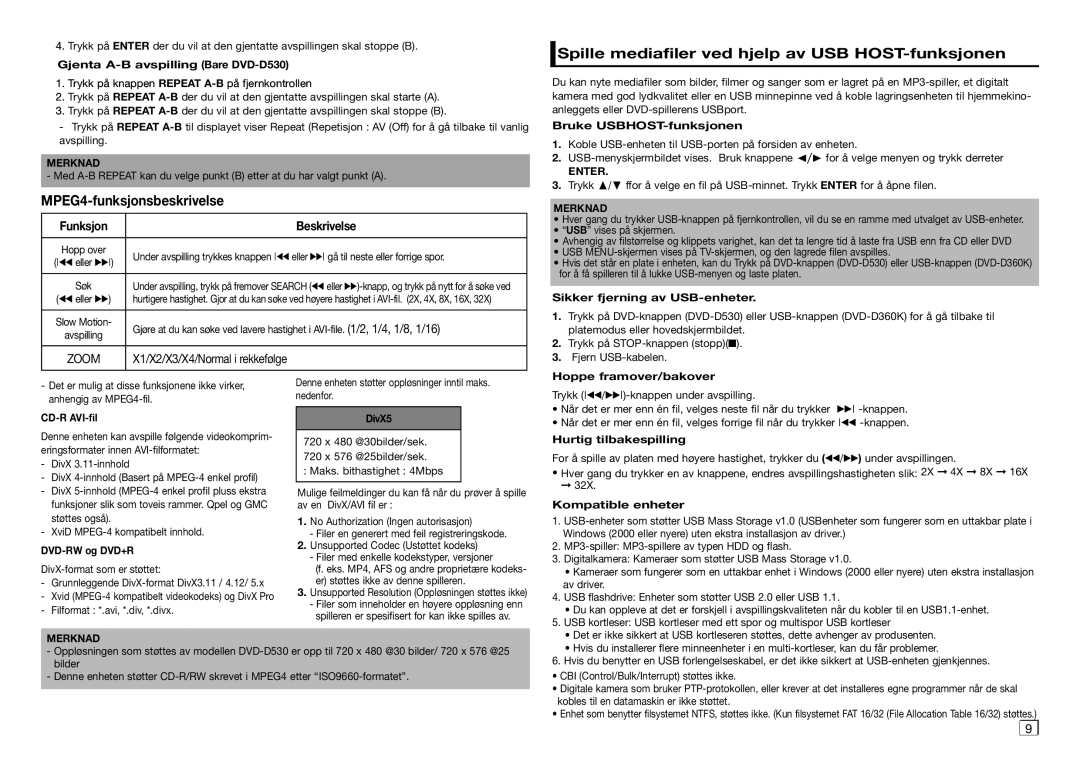 Samsung DVD-D530/XE manual MPEG4-funksjonsbeskrivelse, Spille mediafiler ved hjelp av USB HOST-funksjonen 