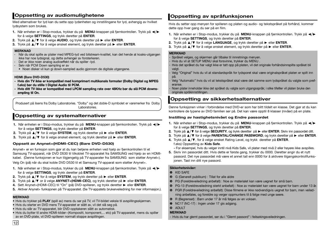 Samsung DVD-D530/XE manual Oppsetting av audiomulighetene, Oppsetting av systemalternativer, Oppsetting av språfunksjonen 