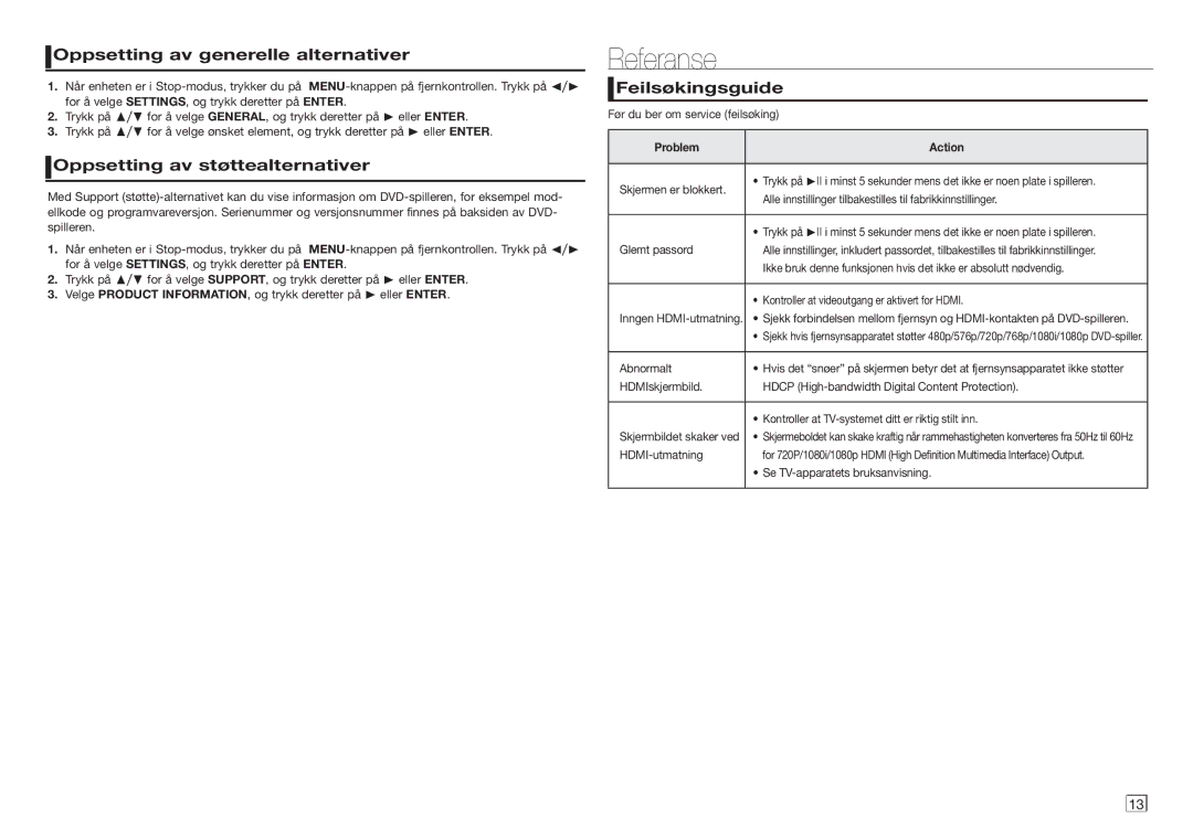 Samsung DVD-D530/XE Referanse, Oppsetting av generelle alternativer, Oppsetting av støttealternativer, Feilsøkingsguide 