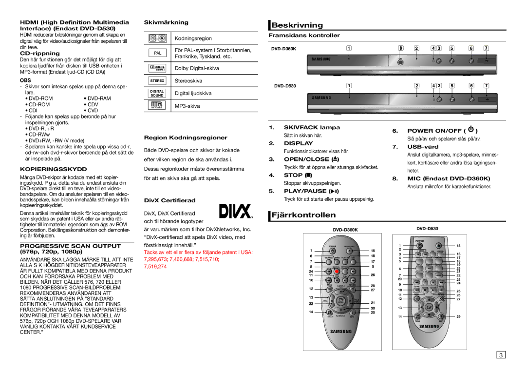 Samsung DVD-D530/XE manual Beskrivning, Fjärrkontrollen, Obs, Kopieringsskydd, Open/Close 