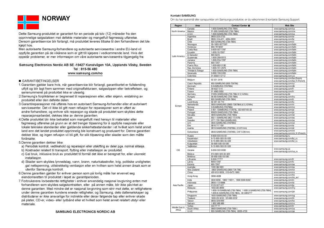 Samsung DVD-D530/XE manual Norway 