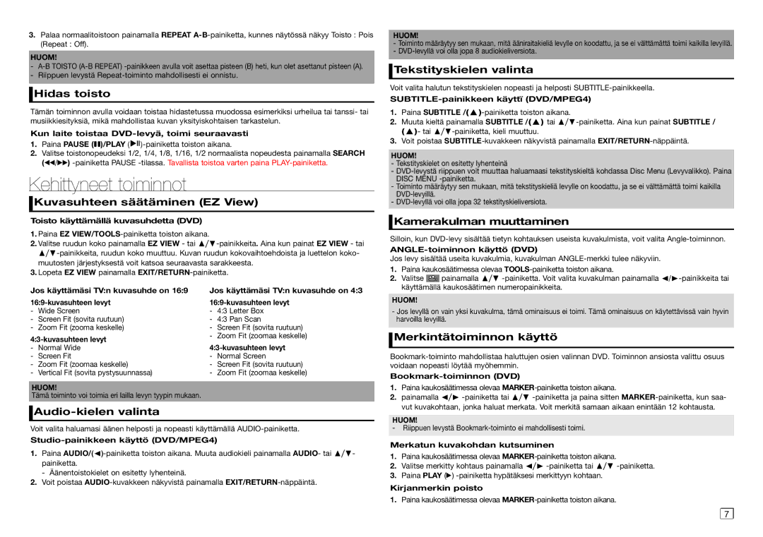 Samsung DVD-D530/XE manual Kehittyneet toiminnot 