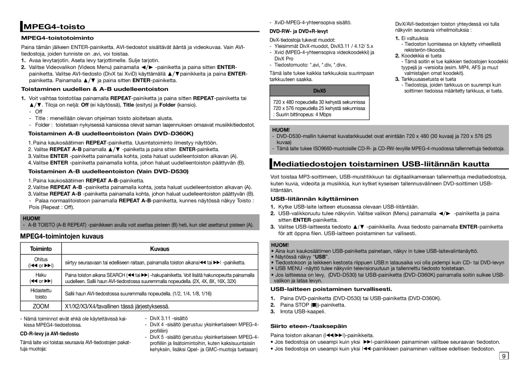 Samsung DVD-D530/XE manual MPEG4-toisto, MPEG4-toimintojen kuvaus, Mediatiedostojen toistaminen USB-liitännän kautta 