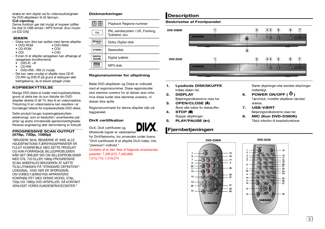 Samsung DVD-D530/XE manual Description, Fjernbetjeningen 