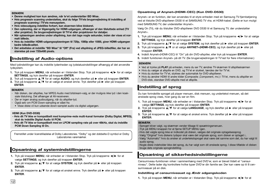 Samsung DVD-D530/XE Indstilling af Audio-options, Opsætning af systemindstillingerne, Indstilling af sprog, Enter Bemærk 