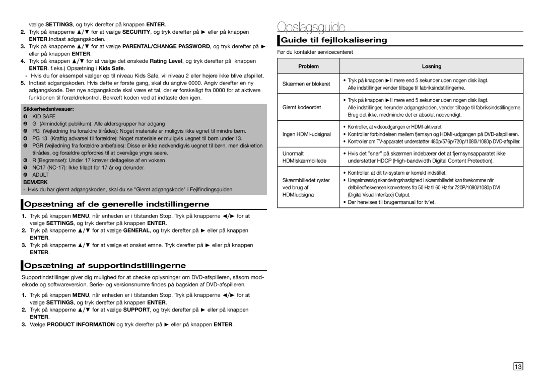 Samsung DVD-D530/XE manual Opslagsguide, Opsætning af de generelle indstillingerne, Opsætning af supportindstillingerne 