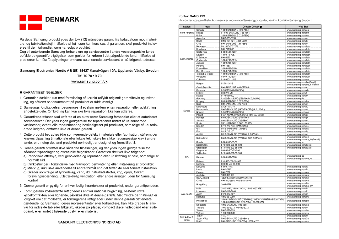 Samsung DVD-D530/XE manual Denmark 