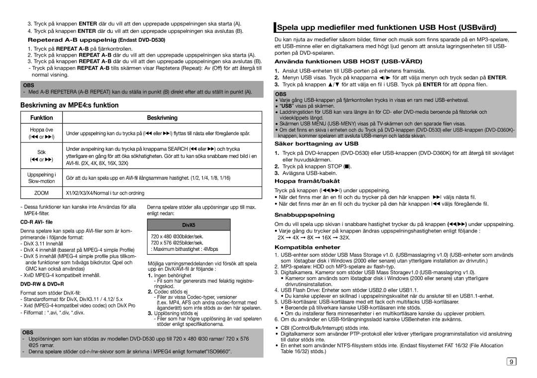 Samsung DVD-D530/XE Beskrivning av MPE4s funktion, Spela upp mediefiler med funktionen USB Host USBvärd, Dvd-Rw & Dvd+R 