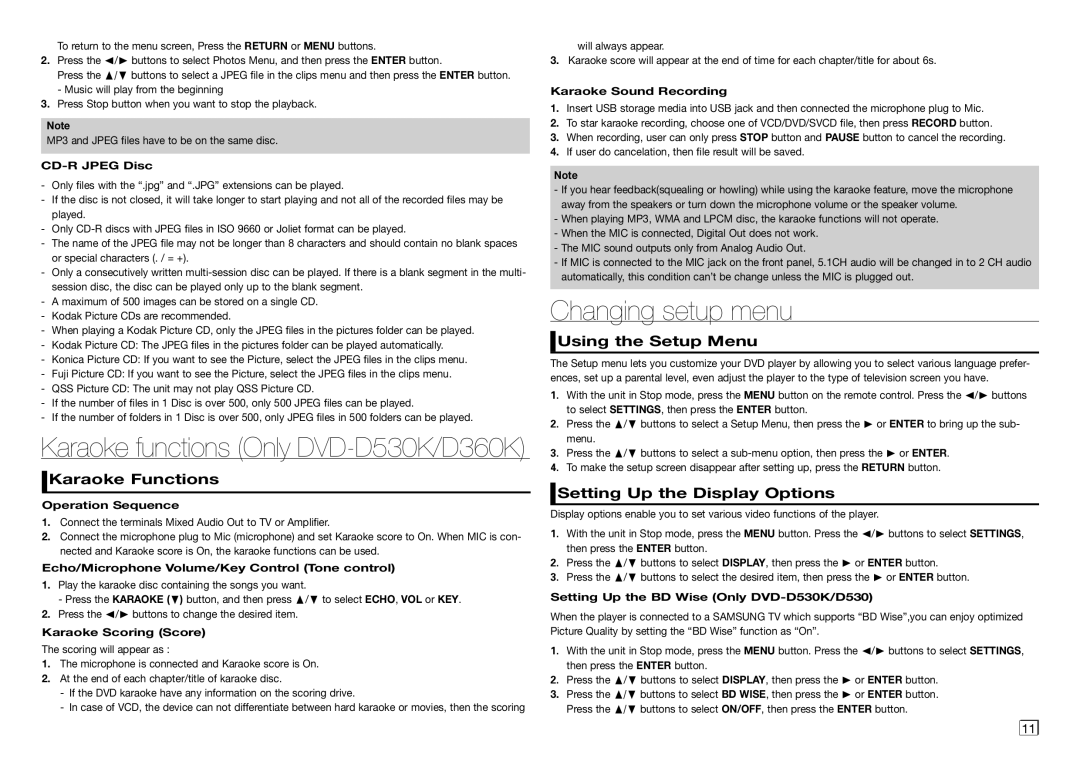 Samsung DVD-D530/XV manual Changing setup menu, Karaoke Functions, Using the Setup Menu, Setting Up the Display Options 