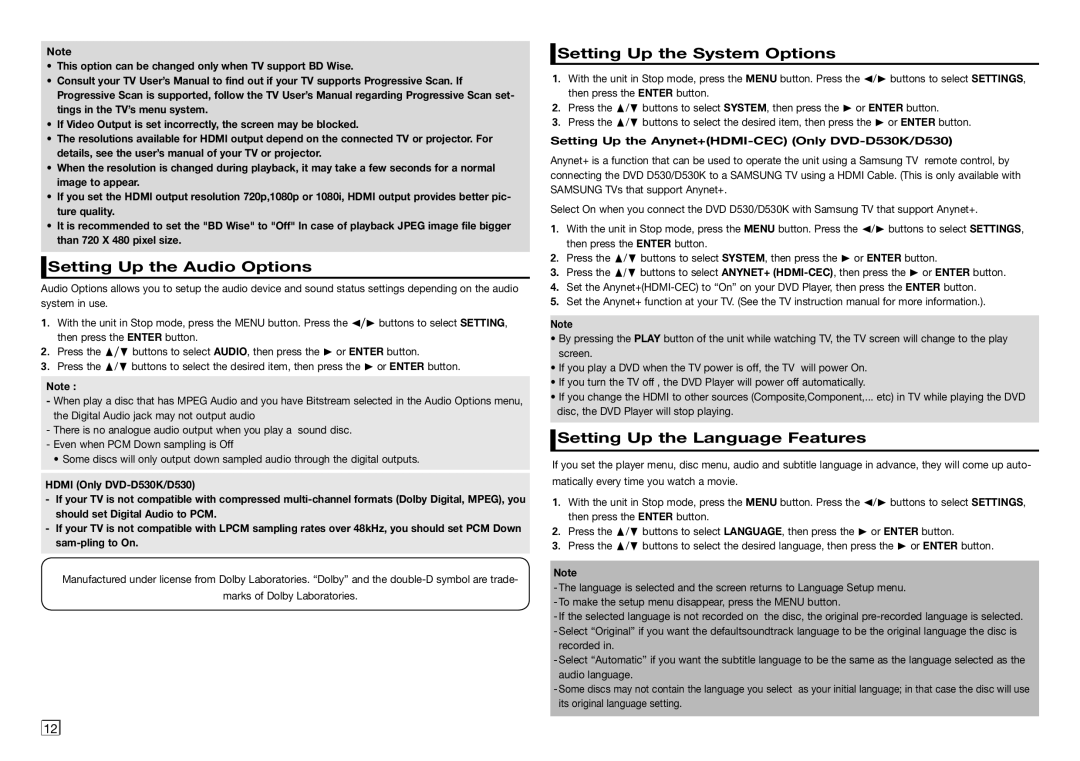 Samsung DVD-D530/XV manual Setting Up the Audio Options, Setting Up the System Options, Setting Up the Language Features 