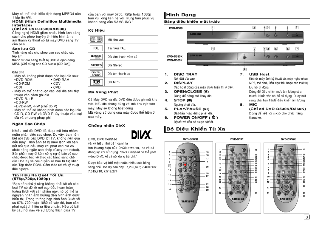 Samsung DVD-D530/XV manual Hình Daïng, Boä Ñieàu Khieån Töø Xa 