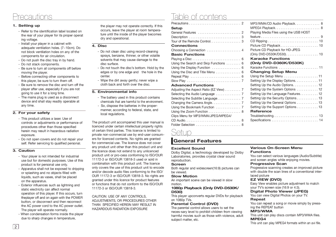 Samsung DVD-D530/XV manual Precautions Table of contens, Setup, General Features 