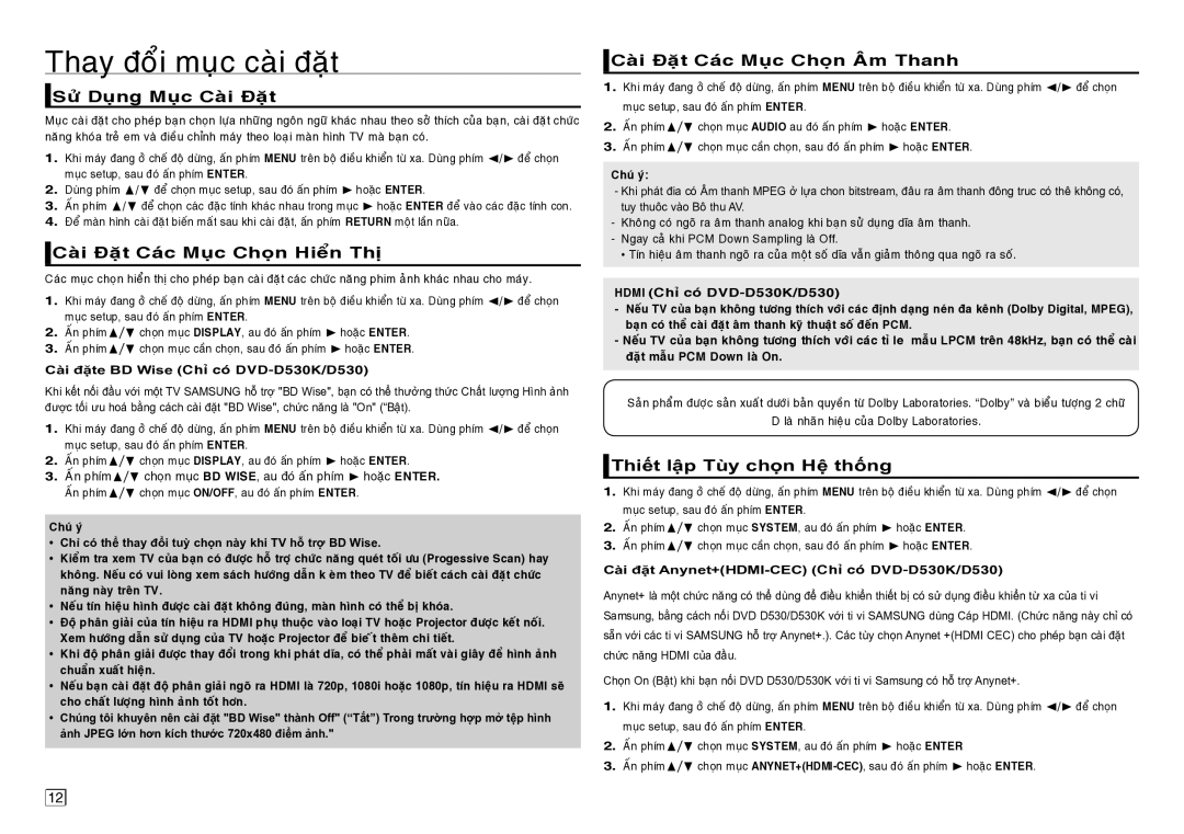 Samsung DVD-D530/XV manual Thay ñoåi muïc caøi ñaët, Söû Duïng Muïc Caøi Ñaët, Caøi Ñaët Caùc Muïc Choïn Hieån Thò 