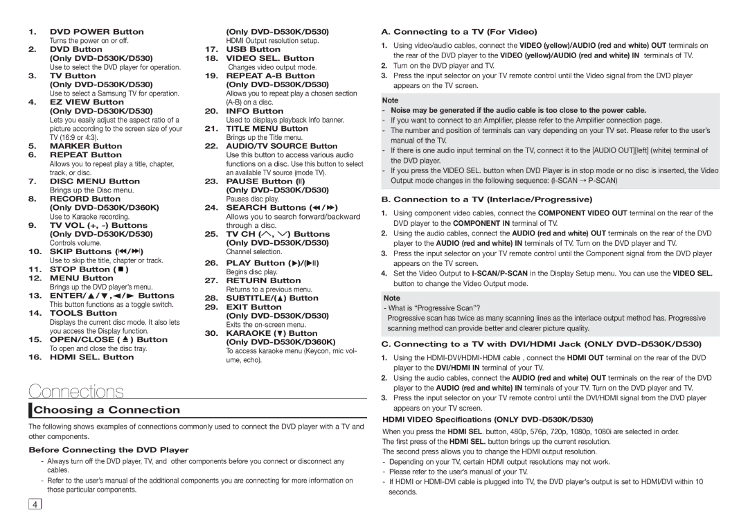 Samsung DVD-D530/XV manual Connections, Choosing a Connection 